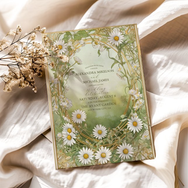 Daisies Art Nouveau Ivory Green Wedding Invitation (Creator Uploaded)