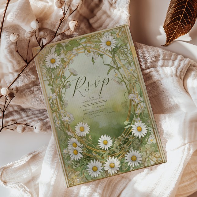Daisies Art Nouveau Ivory Green Wedding RSVP Card (Creator Uploaded)