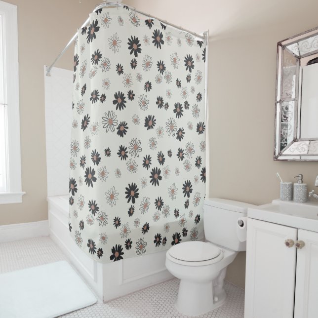 Daisies Black Pink Floral Pattern Shower Curtain (In Situ)