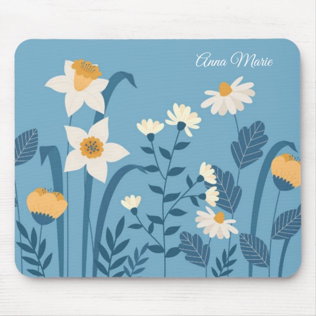 Daisies Botanical Blue Floral  Mouse Pad (Front)