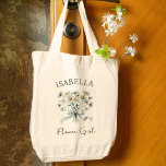 Daisies Bow Watercolor Floral Name Flower Girl<br><div class="desc">Looking for the perfect gift for your flower girl? This personalised floral tote bag is both practical and stylish, making it a sweet accessory for her big role in the wedding. Featuring a charming bouquet of delicate white daisies, this customisable bag allows you to add her name for a truly...</div>