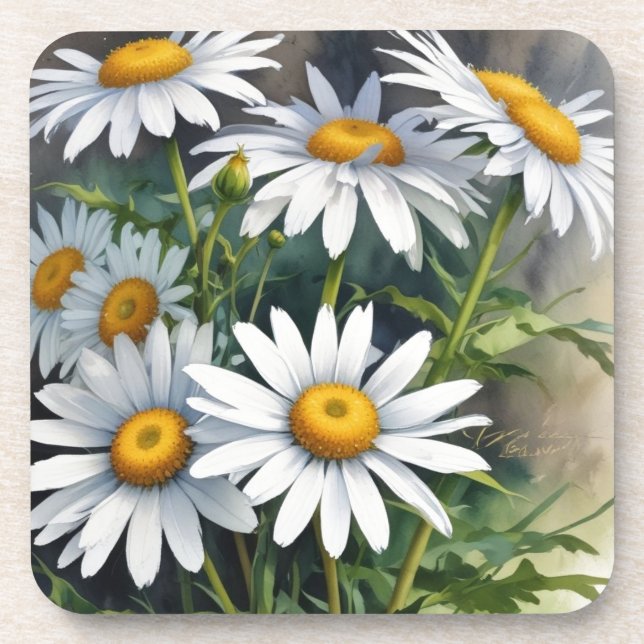 Daisies Bunch of Flowers Elegant Watercolor Coaster (Front)
