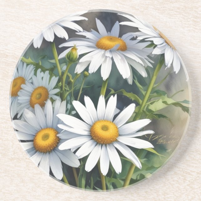 Daisies Bunch of Flowers Elegant Watercolor Coaster (Front)