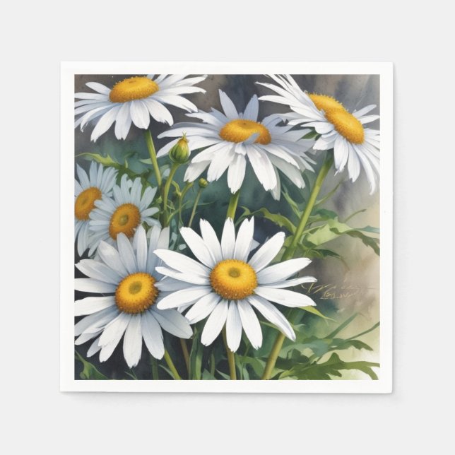 Daisies Bunch of Flowers Elegant Watercolor Napkin (Front)