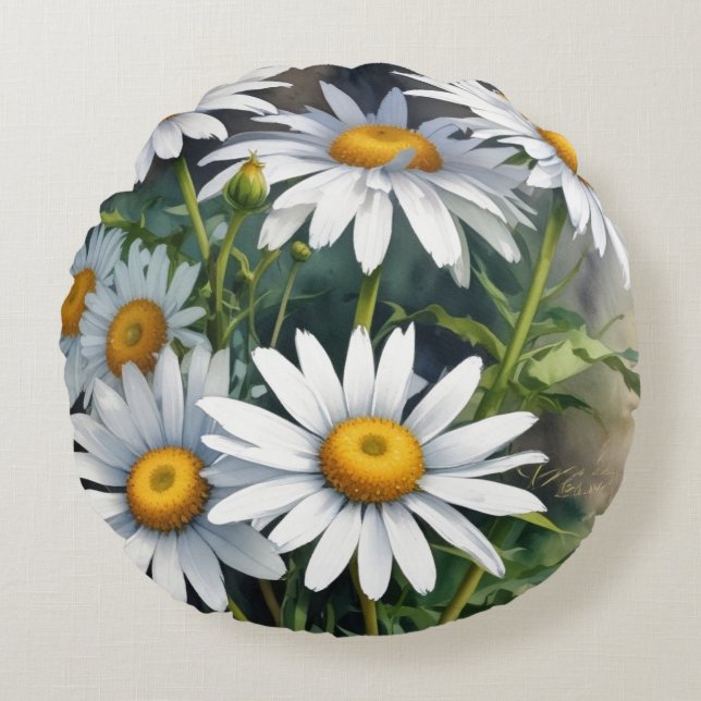 Daisies Bunch of Flowers Elegant Watercolor Round Cushion (Front)