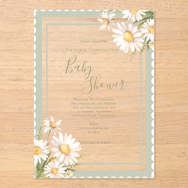 Daisies Floral Elegant Baby Shower Acrylic Invitations (Front)
