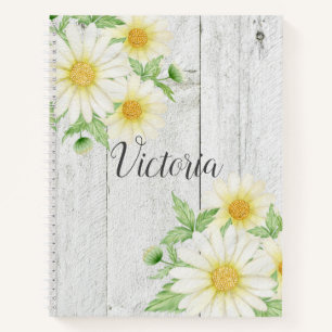 Daisies Floral Personalised Script Rustic Notebook