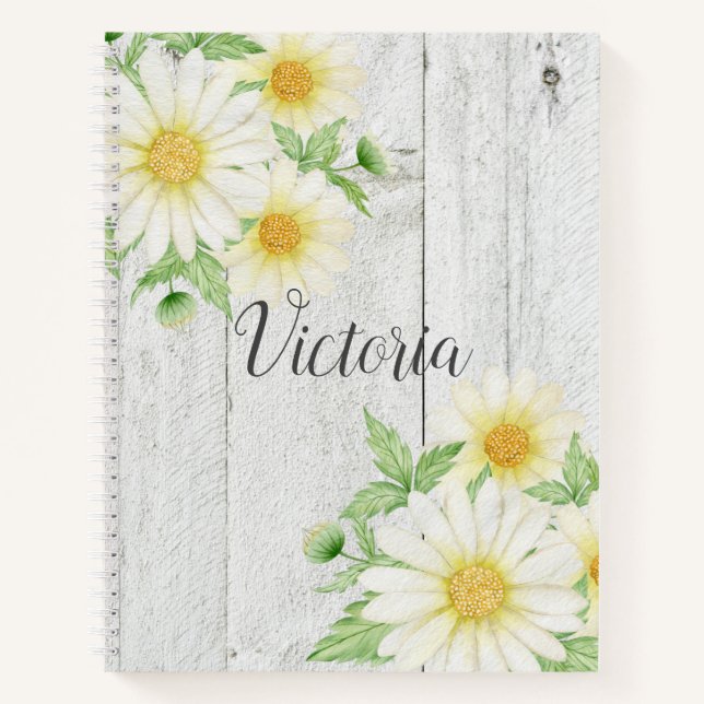 Daisies Floral Personalised Script Rustic Notebook (Front)