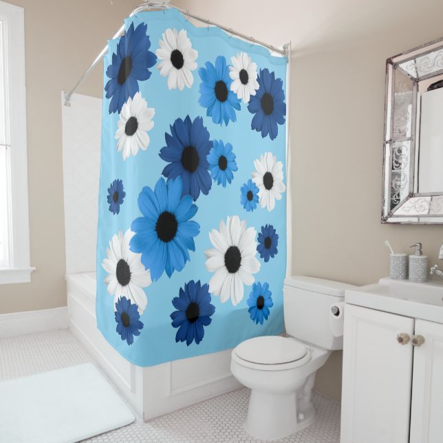 Daisies / Flowers in shades of blue and white Shower Curtain (In Situ)