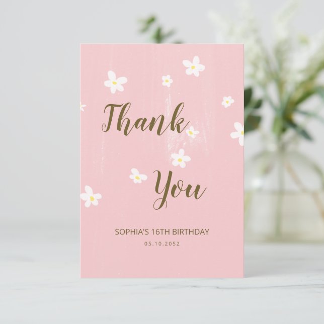 Daisies Girly Pink Cute Calligraphy Spring Floral  Thank You Card (Standing Front)