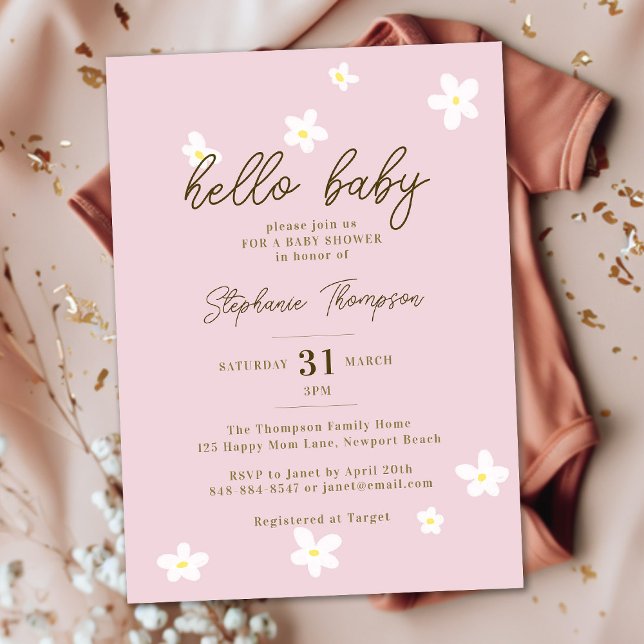 Daisies Hello Baby Spring Pink Boho Girl Shower Invitation (Creator Uploaded)