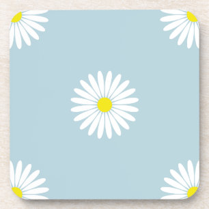 Daisies Illustrative Lg Pattern on Pale Blue Coaster