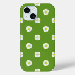 Daisies Illustrative Pattern on Green iPhone 15 Case