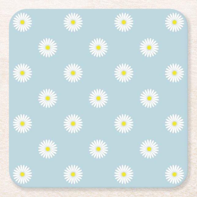 Daisies Illustrative Rpt Pattern on Pale Blue Square Paper Coaster (Front)