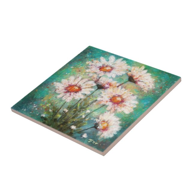 Daisies Impressionistic Floral Painting Teal Green Tile (Side)