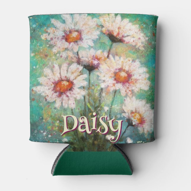 Daisies Impressionistic Floral Teal Personalised Can Cooler (Front)