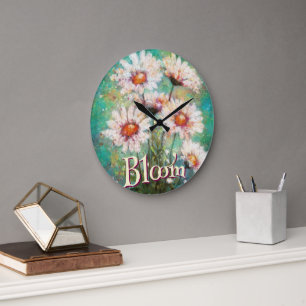 Daisies Impressionistic Floral Teal Personalised Large Clock