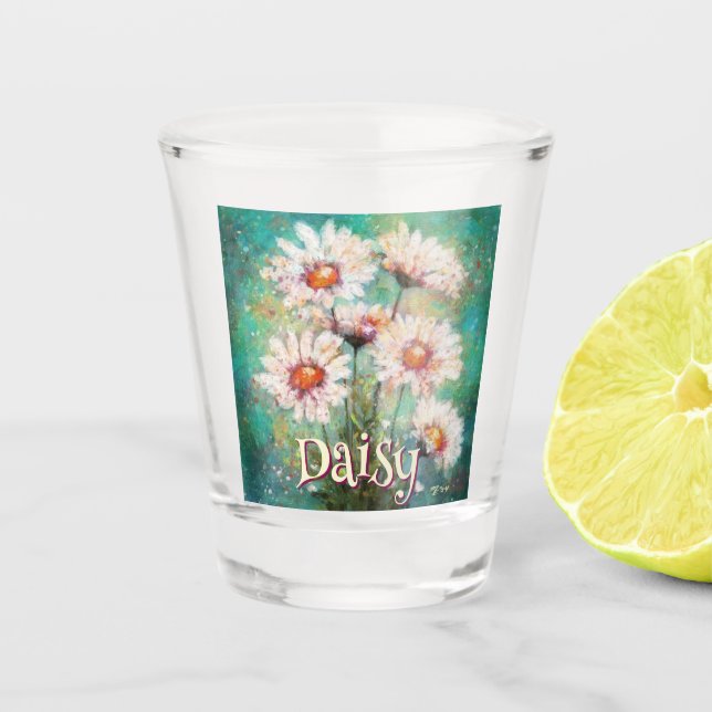 Daisies Impressionistic Floral Teal Personalised Shot Glass (Front)