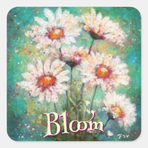 Daisies Impressionistic Floral Teal Personalised Square Sticker