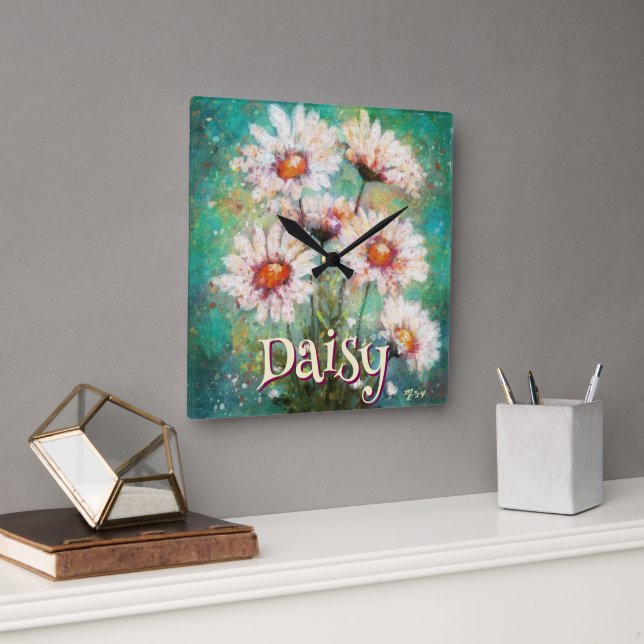 Daisies Impressionistic Floral Teal Personalised Square Wall Clock (Office)