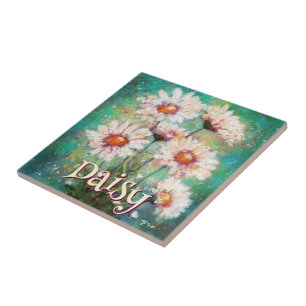 Daisies Impressionistic Floral Teal Personalised Tile