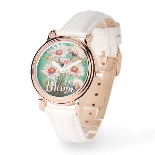Daisies Impressionistic Floral Teal Personalised Watch (Angle)