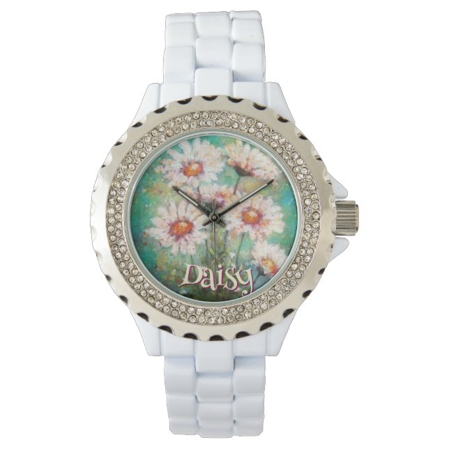 Daisies Impressionistic Floral Teal Personalised Watch (Front)