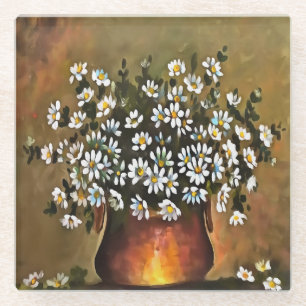 Daisies In A Copper Coloured Vase Glass Coaster