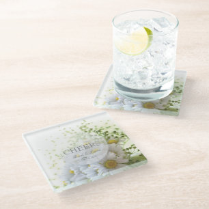 Daisies in Love- Editable Wedding Bouquet Glass Coaster