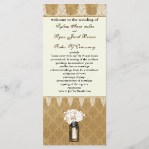 daisies in mason jar, burlap wedding program programme