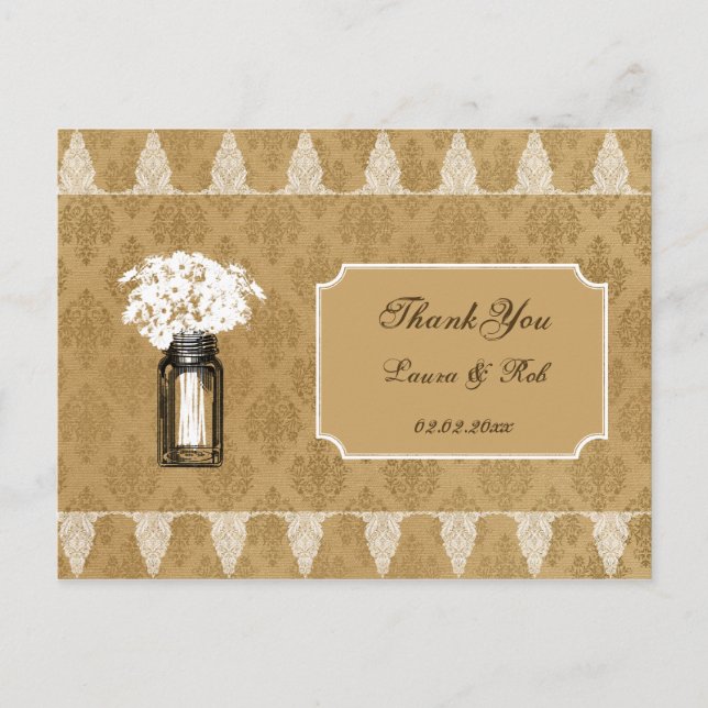 daisies in mason jar, burlap wedding thank you postcard (Front)