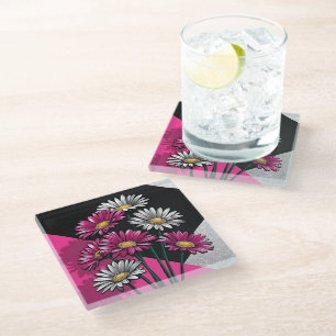 Daisies in Pink and White Glass Coaster