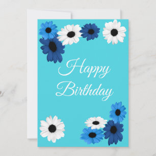 Daisies in shades of blu and white on turquoise holiday card