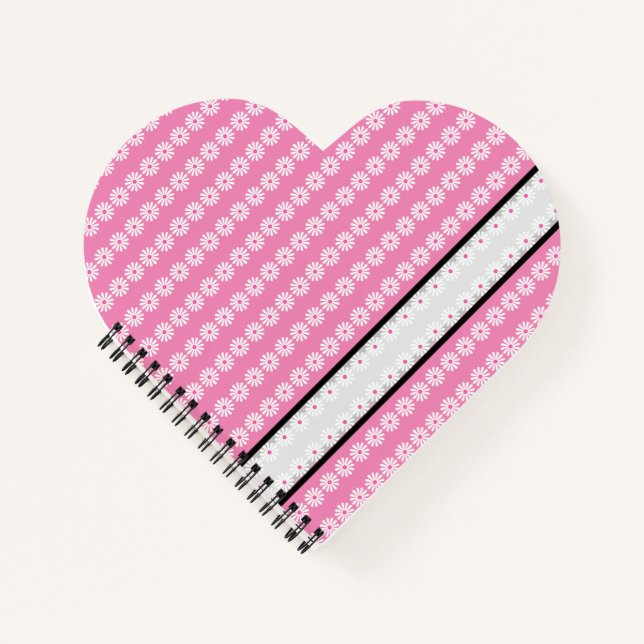 Daisies in stripes on chic French pink balck grey Notebook (Front)