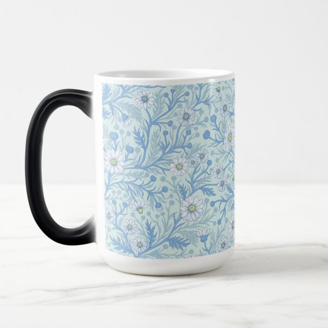 Daisies in white and blue on sea glass magic mug (Left)