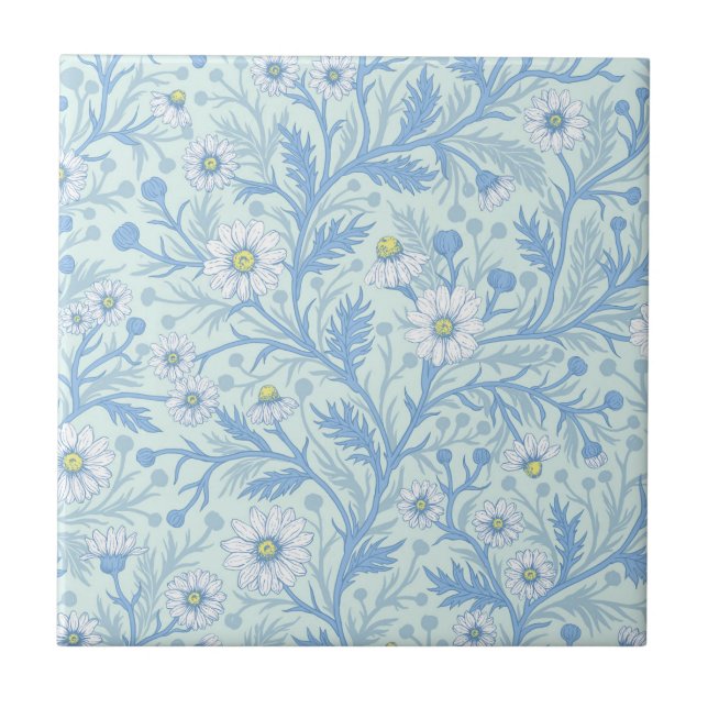 Daisies in white and blue on sea glass tile (Front)