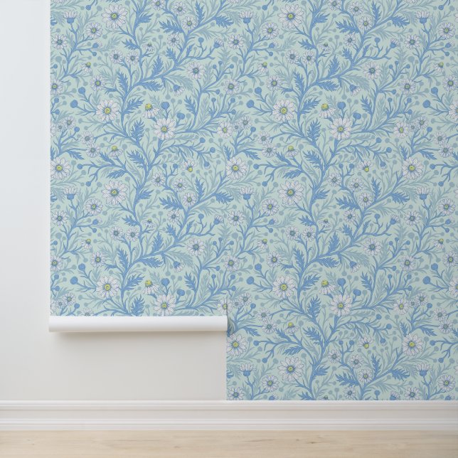 Daisies in white and blue on sea glass wallpaper (Application)