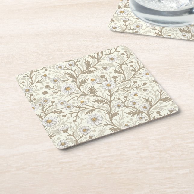 Daisies in white and brown on off white square paper coaster (Angled)