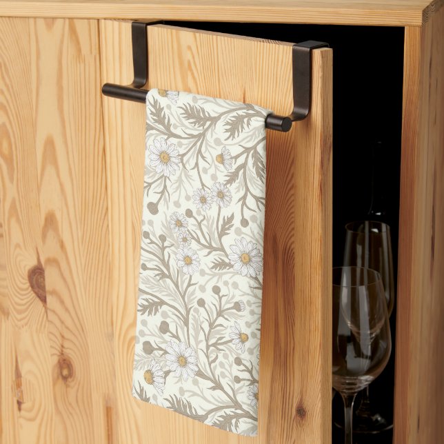 Daisies in white and brown on off white tea towel (Thirds Fold)
