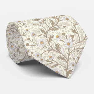 Daisies in white and brown on off white tie