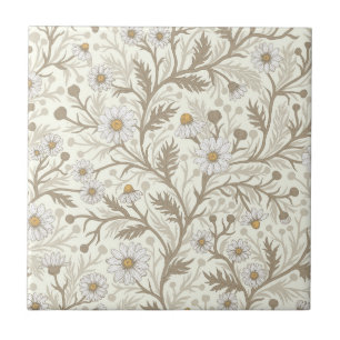 Daisies in white and brown on off white tile