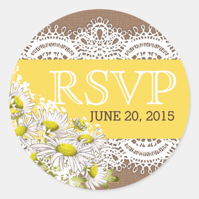 Daisies Lace Burlap Rustic RSVP Label (Front)