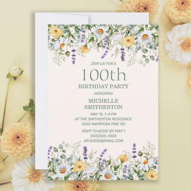 Daisies Lavender Yellow Wildflowers 100th Birthday Invitation (Creator Uploaded)