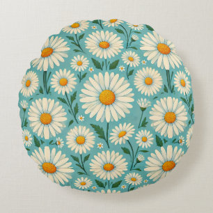 Daisies on a Soft Blue Background Round Cushion