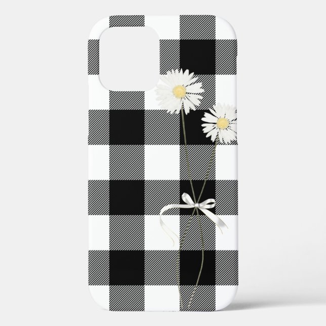 Daisies on Black and White Buffalo Plaid Case-Mate iPhone Case (Back)