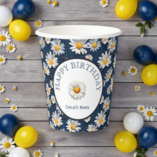 Daisies on Blue Denim Birthday Party Paper Cups
