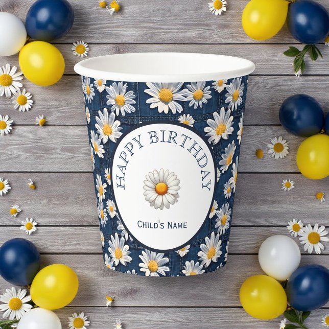 Daisies on Blue Denim Birthday Party Paper Cups (Creator Uploaded)