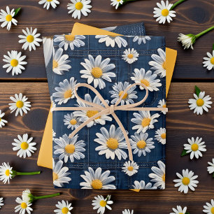 Daisies on Blue Denim Birthday  Wrapping Paper Sheet