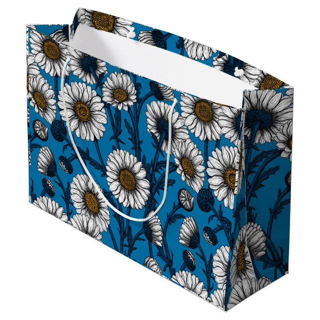 Daisies on blue large gift bag (Back Angled)