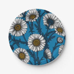 Daisies on blue paper plate